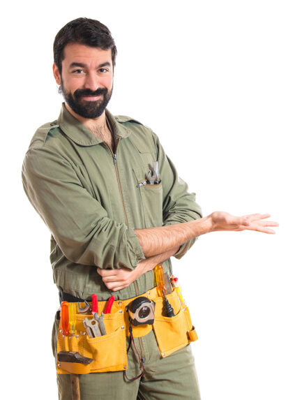 Mechanic presenting something Mechanic presenting something